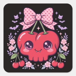 Pegatina Cuadrada Cute Kawaii Calavera de Cereza Stickers Coqueta