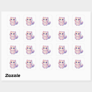 Pegatina Cuadrada Cute Kawaii Esponjoso Gatito Gato Estrella Pastel 