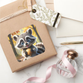 Pegatina Cuadrada Cute Kawaii estilo Racoon sosteniendo una bellota