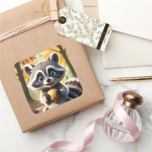 Pegatina Cuadrada Cute Kawaii estilo Racoon sosteniendo una bellota