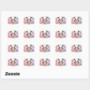 Pegatina Cuadrada Cute Kawaii Felicidades Panda Nombre Pastel Rosa G
