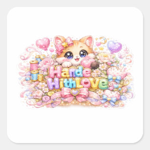 Pegatina Cuadrada Cute Kawaii Hecho Con Amor Gato Nombre Pastel Rosa