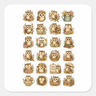 Pegatina Cuadrada Cute Kawaii Hoja de Stickers de Búho