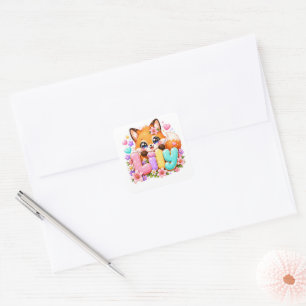 Pegatina Cuadrada Cute Kawaii Lily Fox Nombre Pastel Rosa Floral Bos