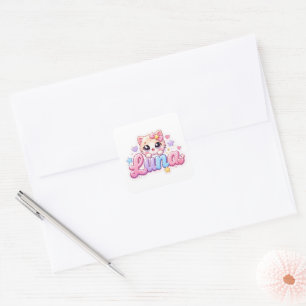 Pegatina Cuadrada Cute Kawaii Luna Nombre de gato rosa pastel brilla