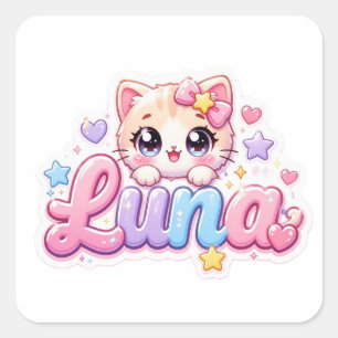 Pegatina Cuadrada Cute Kawaii Luna Nombre de gato rosa pastel brilla