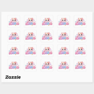 Pegatina Cuadrada Cute Kawaii Luna Nombre de gato rosa pastel brilla