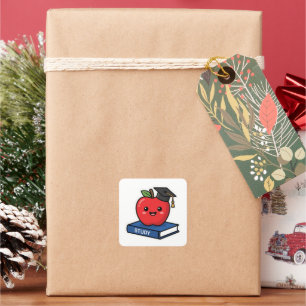 Pegatina Cuadrada Cute Kawaii Manzana Roja con Gorro de Graduación I