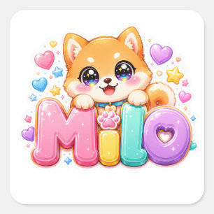 Pegatina Cuadrada Cute Kawaii Milo Nombre de Perro Rosa Pastel Brill