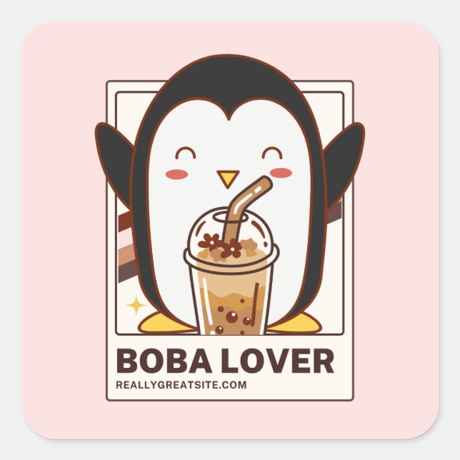 Pegatina Cuadrada Cute Kawaii Penguin Boba Lover (Anverso)