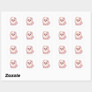Pegatina Cuadrada Cute Kawaii Pomerania Cachorro Perrito Lazo Morado