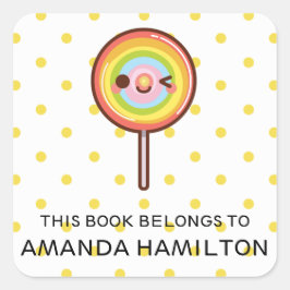 PEGATINA CUADRADA CUTE KAWAII RAINBOW LOLLIPOP ESTE LIBRO PERTENECE 