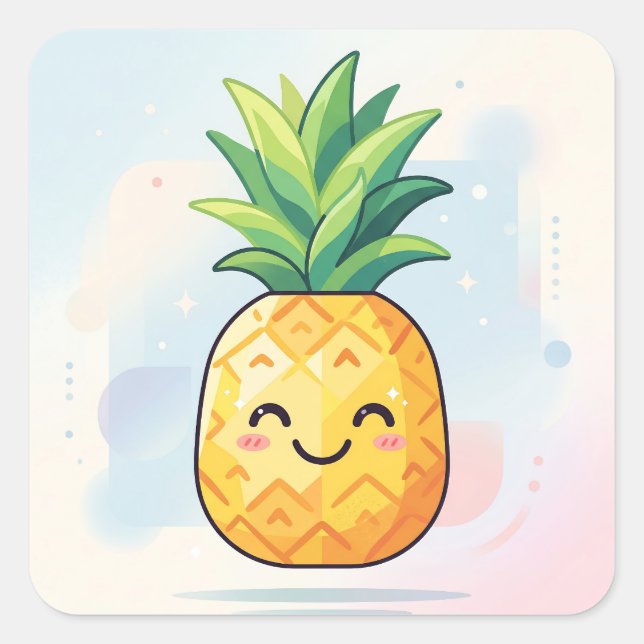 Pegatina Cuadrada Cute Kawaii Smiling Pineapple (Anverso)