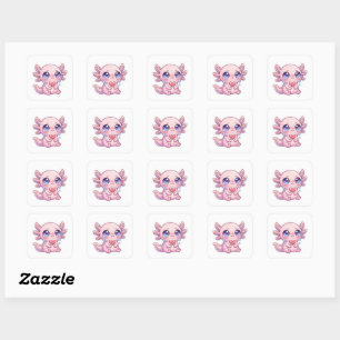 Pegatina Cuadrada Cute Kawaii Triste Axolotl Llorando con Corazón Ro