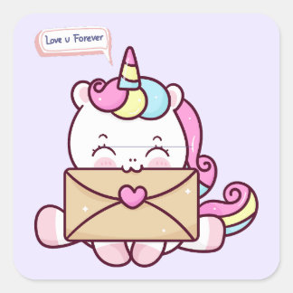 Pegatina Cuadrada Cute Kawaii Unicorn Love Illustration