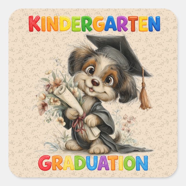Pegatina Cuadrada  Cute Kindergarten Graduation Puppy Illustration (Anverso)