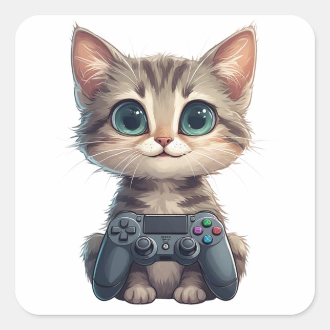 Pegatina Cuadrada Cute Kitten Holding Game Controller Gamer Cat (Anverso)