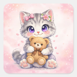 Pegatina Cuadrada Cute Kitten Hugging Teddy Bear Square Sticker