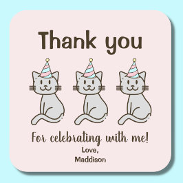 Pegatina Cuadrada Cute Kitty Cat Birthday Gracias