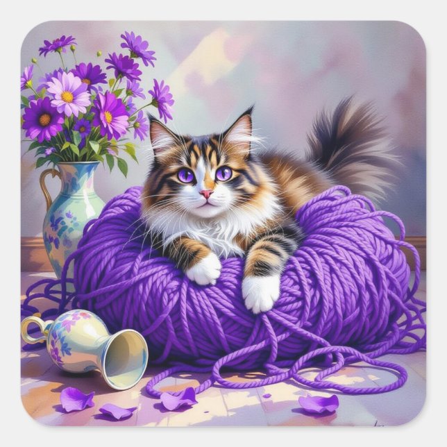 Pegatina Cuadrada Cute Kitty Cat in Ball of Purple Yarn (Anverso)