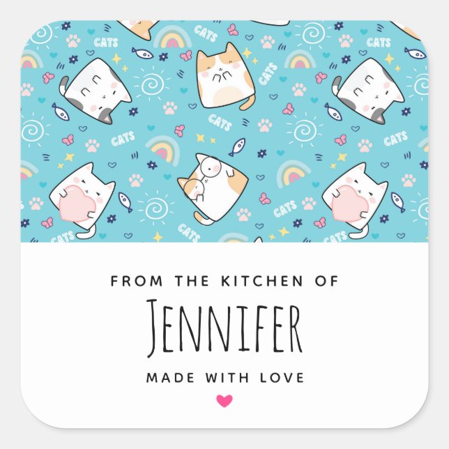 Pegatina Cuadrada Cute Kitty Cat Pattern Whimsical Kitchen (Anverso)