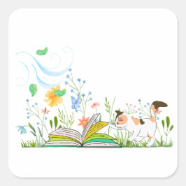 Pegatina Cuadrada Cute Kitty leyendo un libro.