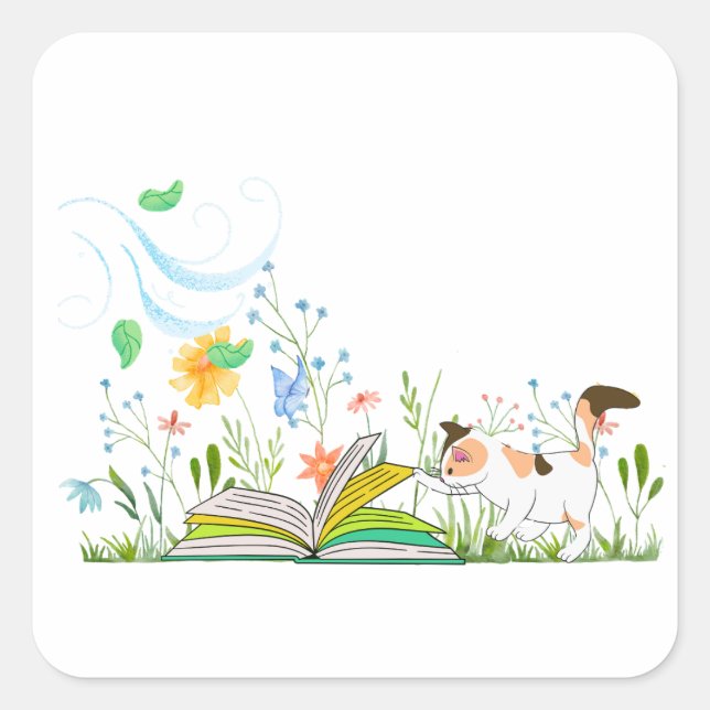 Pegatina Cuadrada Cute Kitty leyendo un libro. (Anverso)