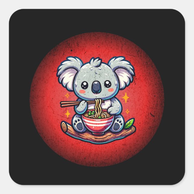Pegatina Cuadrada Cute Koala comiendo Ramen (Anverso)