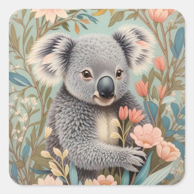 Pegatina Cuadrada Cute Koala Elegant Pastel Floral (Anverso)