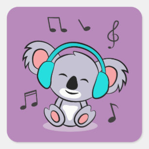 Pegatina Cuadrada Cute koala escuchando música