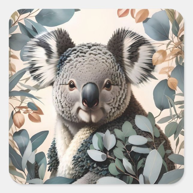 Pegatina Cuadrada Cute Koala Eucalyptus (Anverso)