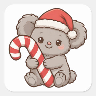 Pegatina Cuadrada Cute Koala Sombrero Santa Caña de Caramelo Pegatin