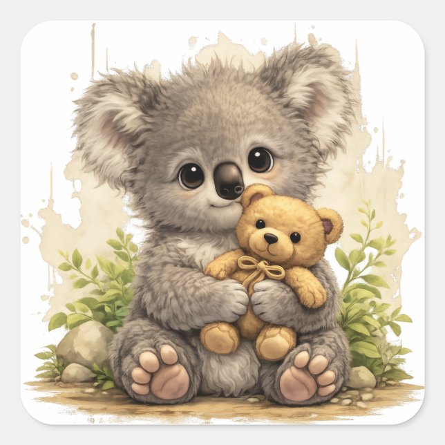 Pegatina Cuadrada Cute Koala Teddy Sticker – Kawaii Animal Art (Anverso)