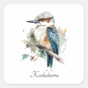 Pegatina Cuadrada Cute Kookaburra sobre una rama pintada de acuarela