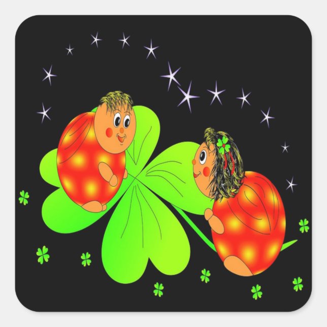 Pegatina Cuadrada Cute Ladybird Shamrock (Anverso)