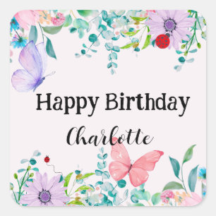 Pegatina Cuadrada Cute Ladybug Mariposa colorida flor Cumpleaños