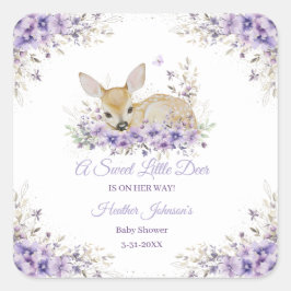 Pegatina Cuadrada Cute Lavender Purple Floral Deer Baby Shower