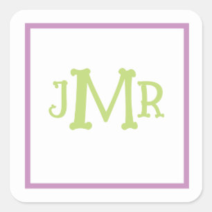 Pegatina Cuadrada Cute Lavender y Green Monogram Initisquare