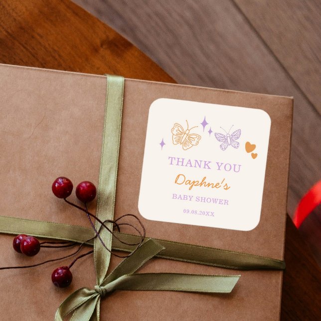 Pegatina Cuadrada Cute Lavender y Naranja Mariposa Baby Shower (Subido por el creador)