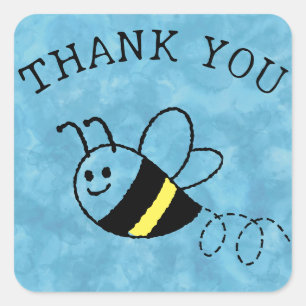 Pegatina Cuadrada Cute Little Bee Flying Blue Baby Shower