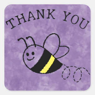 Pegatina Cuadrada Cute Little Bee Flying Purple Baby Shower