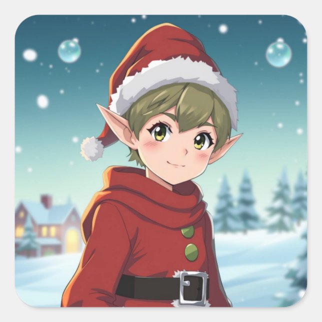 Pegatina Cuadrada Cute Little Christmas Elf  (Anverso)