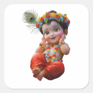 Pegatina Cuadrada Cute Little Krishna Traditional Indian Art Poster