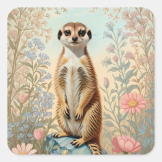 Pegatina Cuadrada Cute Little Meerkat Pastel Floral