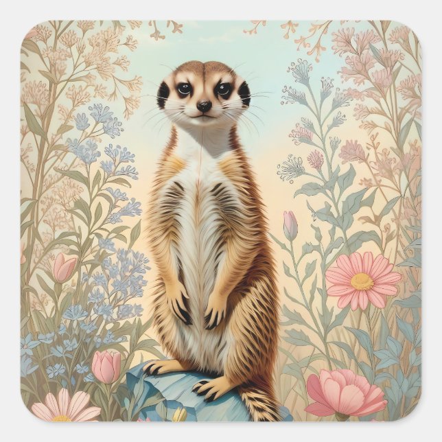 Pegatina Cuadrada Cute Little Meerkat Pastel Floral (Anverso)
