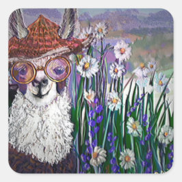 Pegatina Cuadrada .Cute Llama Art Con Gafas. Y el arte