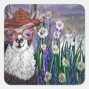 Pegatina Cuadrada .Cute Llama Art Con Gafas. Y el arte