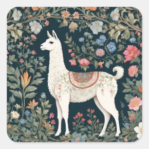 Pegatina Cuadrada Cute Llama Elegante Floral