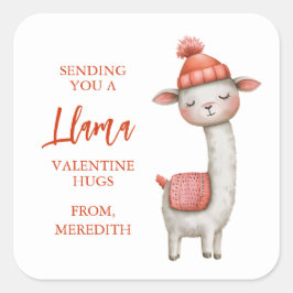 Pegatina Cuadrada Cute Llama Valentine's Day Label, Valentine