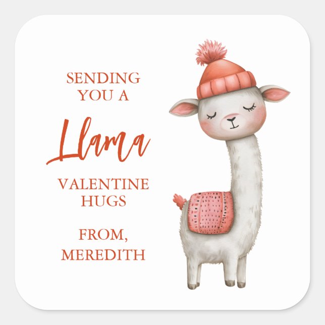 Pegatina Cuadrada Cute Llama Valentine's Day Label, Valentine (Anverso)